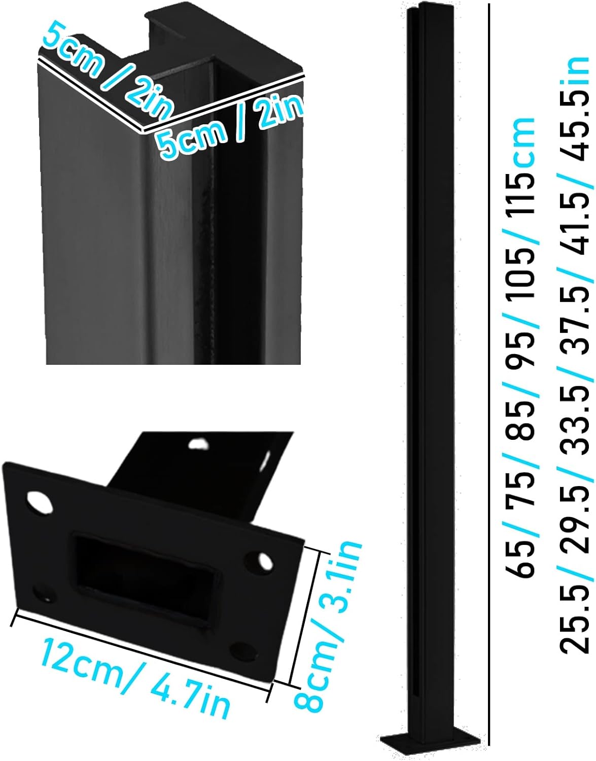 External Internal Railing Post for 3/8"-1/2" Glass/ Plastics/ PC Panels, for Garden Channel Hallway Terrace, Black Metal Railings Posts/ Tempered Glass Balustrade Column, 25 59 33 Inches Tall ( Color