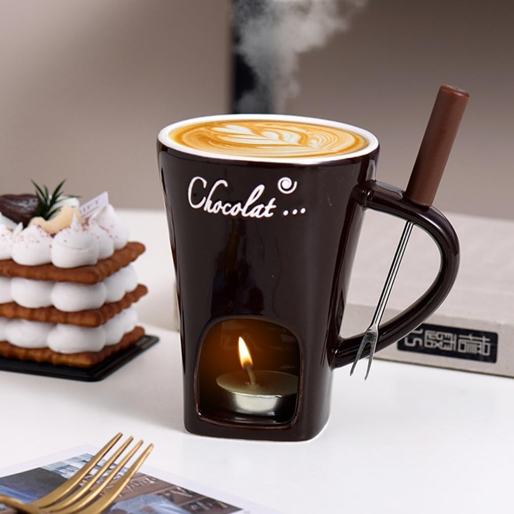 Schokoladenfondue Tasse, Fondue Tasse mit Teelicht und Gabel, Keramik Schoko Fondue Tassen, Tasse mit Teelicht Schokolade, für Käse, Schokolade, Butter und Karamell (Red)
