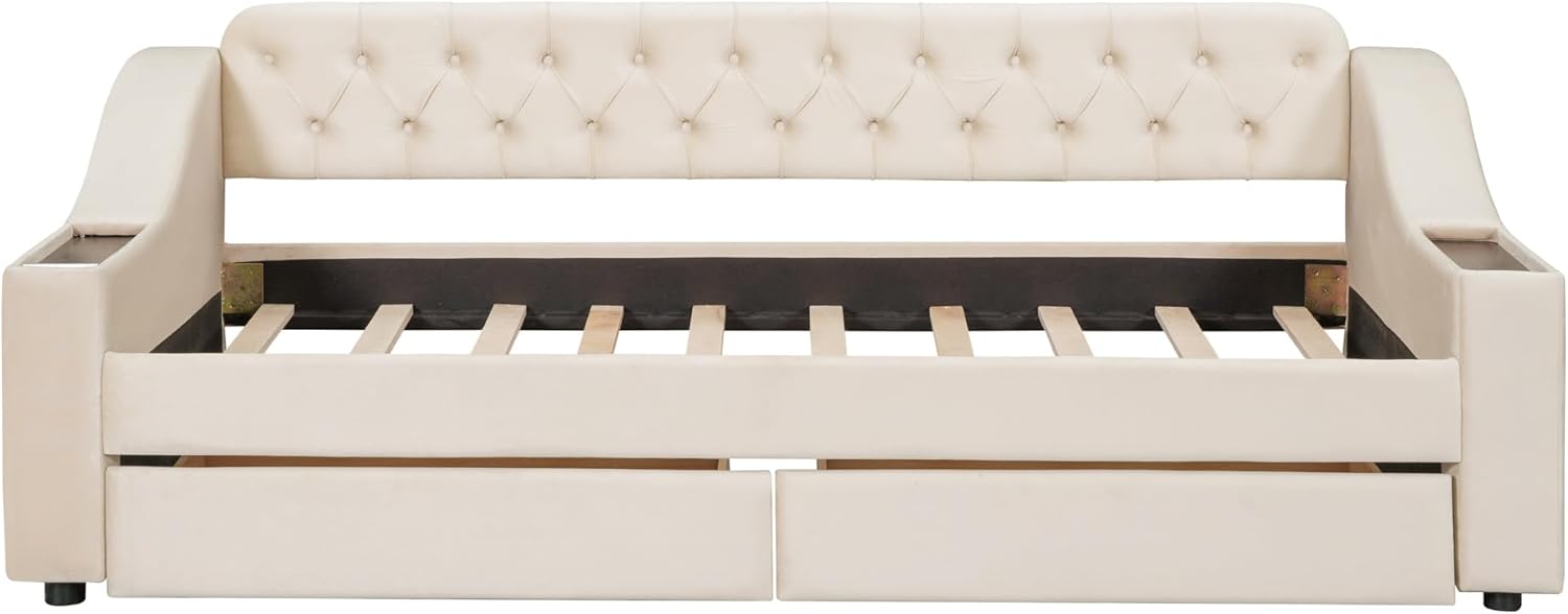 SOFTSEA Upholstered Twin Size Daybed with Drawers, Wood Daybed with Storage Armrests and USB Charging Ports, Velvet Tufted Sofa Bed Daybed for Living Room Guest Room, Beige