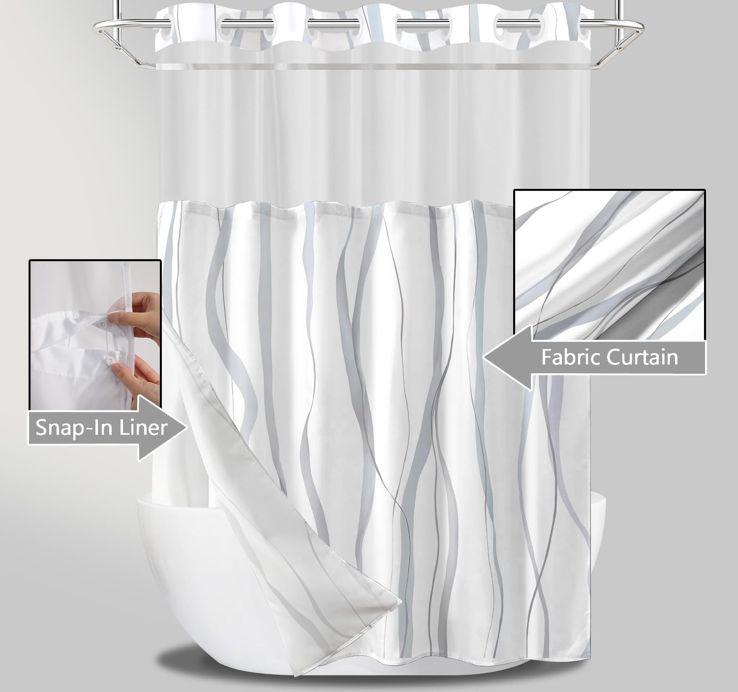 No Hook Shower Curtain with Snap in Liner Set, Grey and White Striped Design, Waterproof Washable Fabric Hotel Shower Curtains for Bathroom Decor with See Through Mesh Top Window 71x74 Inch thumbnail