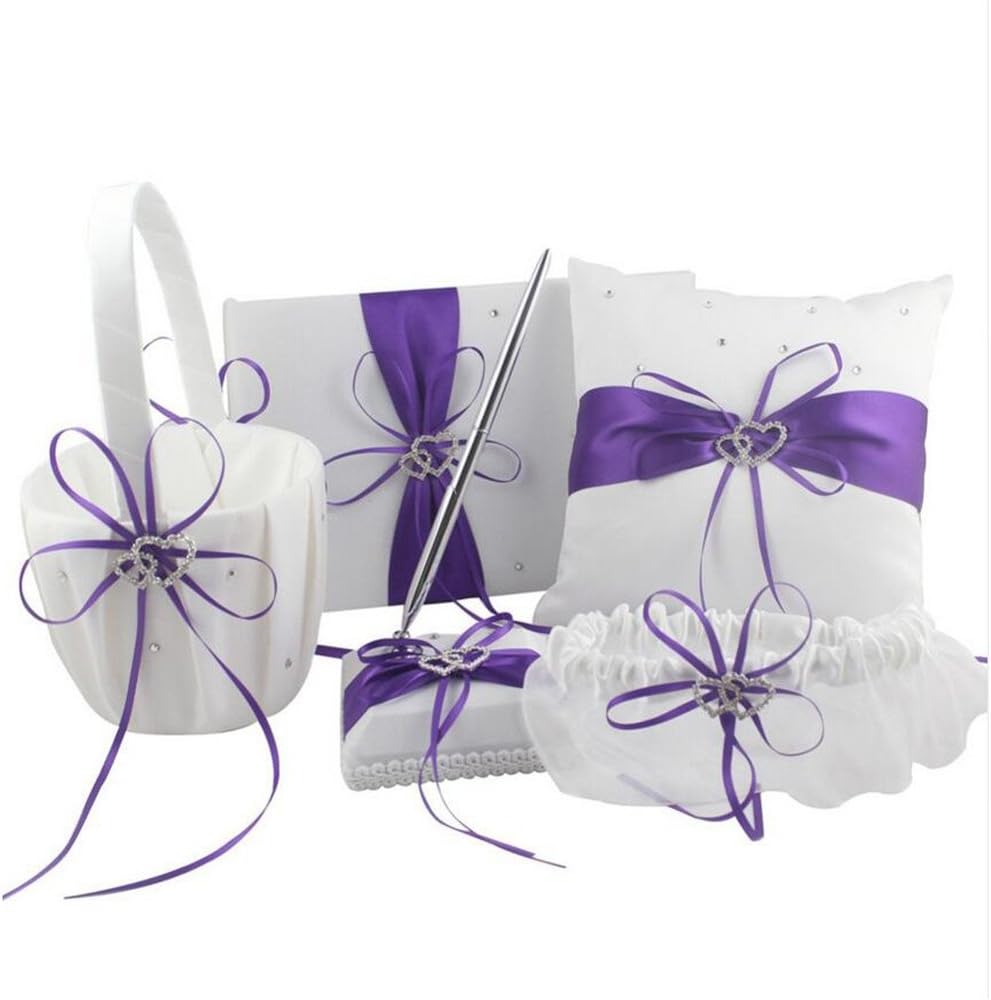 VAlink 5Pcs/lot Romantic Wedding Decoration Set Rhinestone Stain Ribbon Wedding Ring Pillow+ Girls Flower Basket +Guest Book + Pen + Garter for Wedding Party Decor Accessories