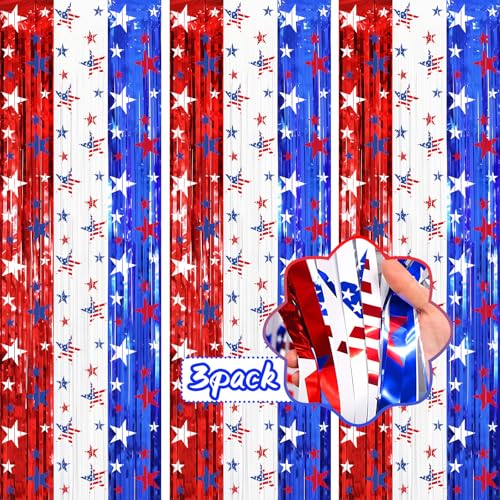 Image of 3 Pack 4th of July Foil Fringe Curtains - Unique Red White Blue Tinsel Backdrop - Patriotic Party Decorations & Photo Booth Supplies for Memorial Day, Veterans Day & Welcome Home Event