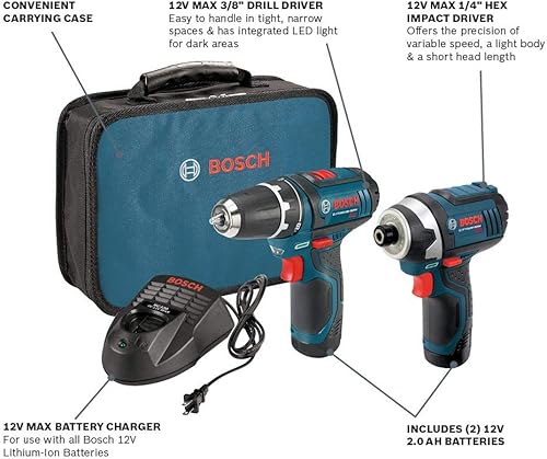 Miniatura 3 de Bosch Kit combinado de herramientas eléctricas CLPK22-120 – Juego de herramientas inalámbricas de 12 voltios con 2 baterías, cargador y estuche e