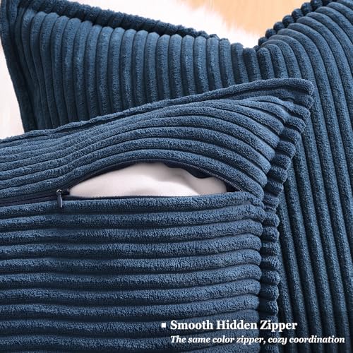 decorUhome Corduroy Navy Blue Throw Pillow Covers 18x18 Set of 2 Decorative Soft Boho Striped Neutral Euro Farmhouse Couch Pillow Cases with Broadside for Living Room Bed Sofa