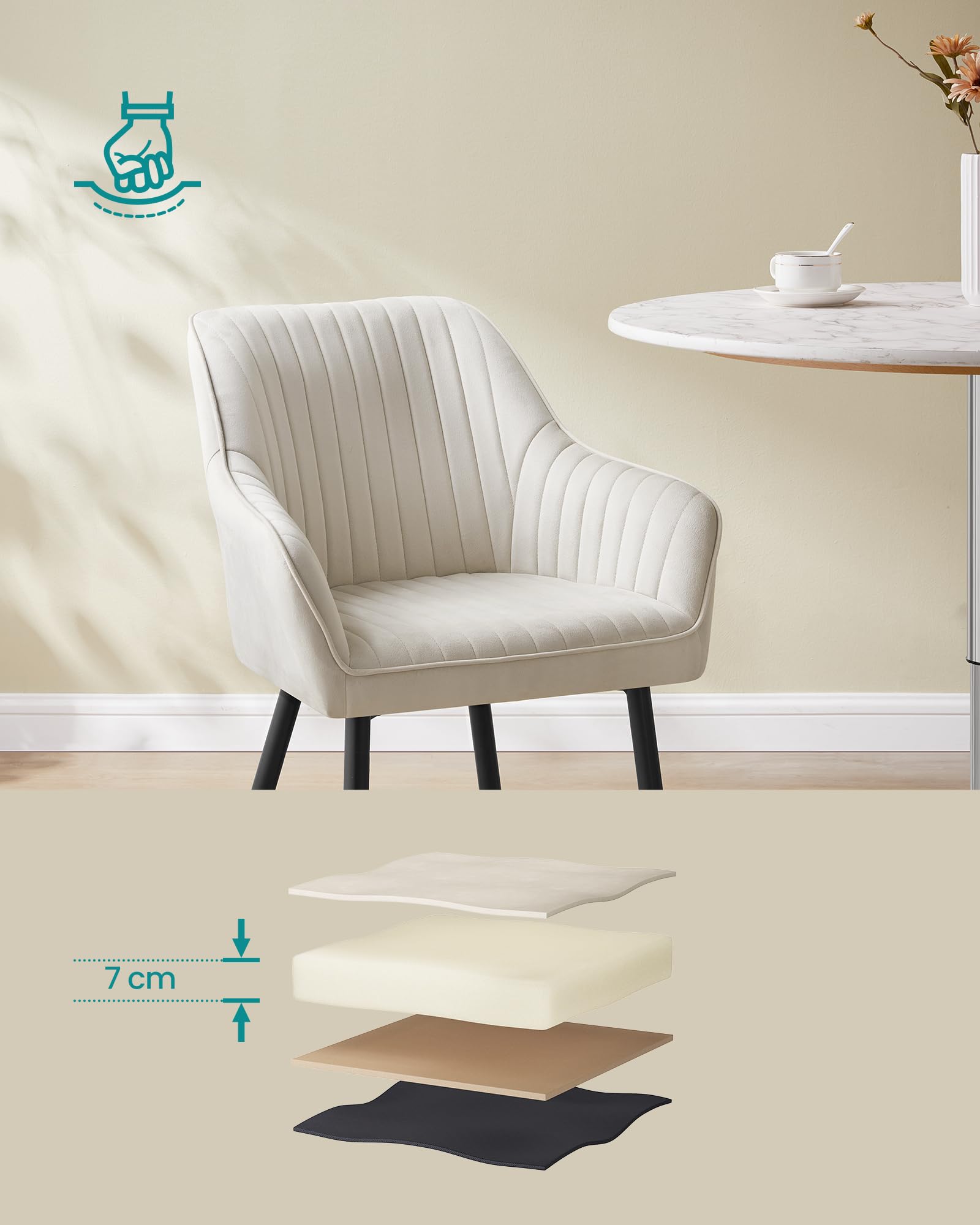 SONGMICS Dining Chair, Kitchen Chair, Velvet Armchair, Upholstered with Armrests, Max. Load 120 kg, Metal Legs, for Dining Room, Lounge, Cappuccino Beige and Ink Black LDC087LH01 — view 8