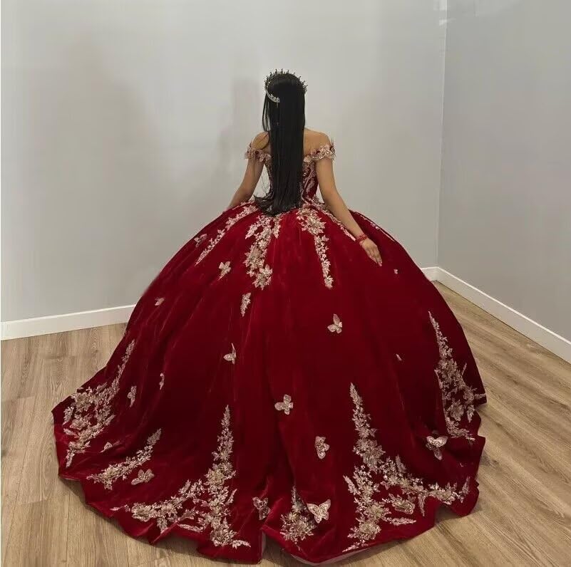 Youjiayi Sparkly Velvet Quinceanera Dresses Off Shoulder Sequin Sweet 16 Dress with Train Gold Lace Appliques Long Ball Gown3