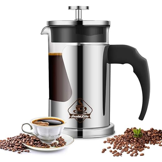 InstaLite French Press Coffee Maker (600 ml) with 4 Level Filtration System - 304 Grade Stainless Steel - Heat Resistant Borosilicate Glass