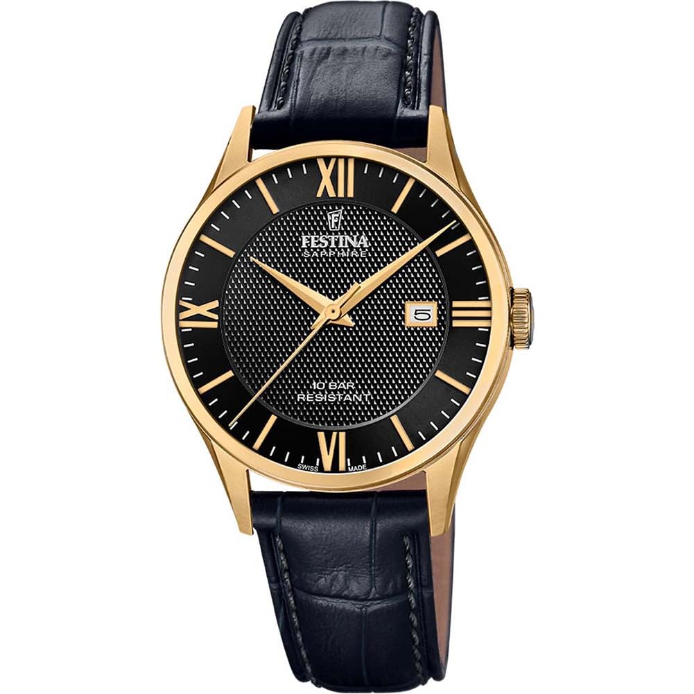 Festina Swiss Made Herrenuhr Analog aus Leder Schwarz