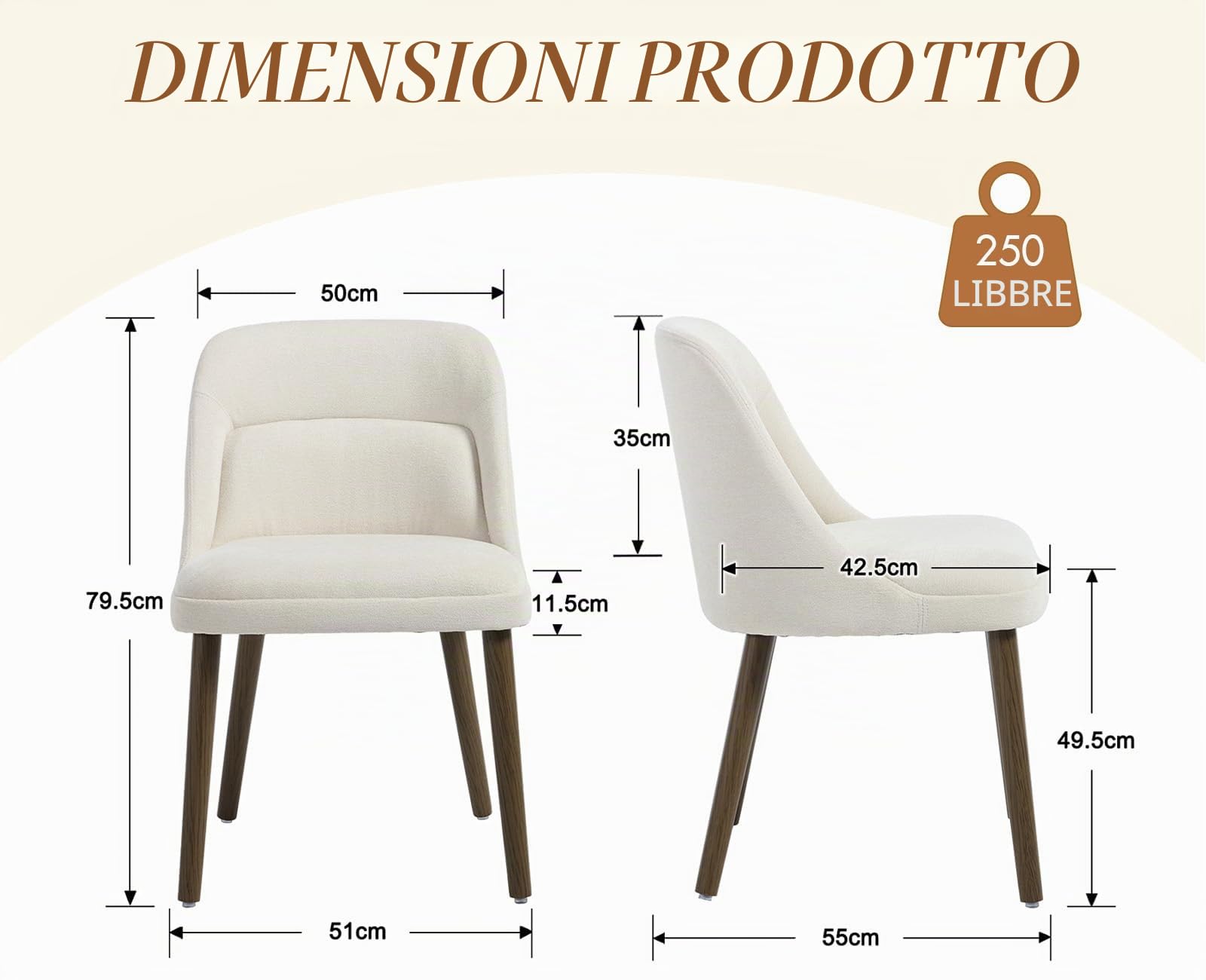 chairus Set di 2 Sedie Cucina in Tessuto con Gambe in Legno, Bianco | Sedia Imbottita con Schienale Rinforzato Sedia da Pranzo in Ciniglia per Sala da Pranzo/Soggiorno/Ristorante