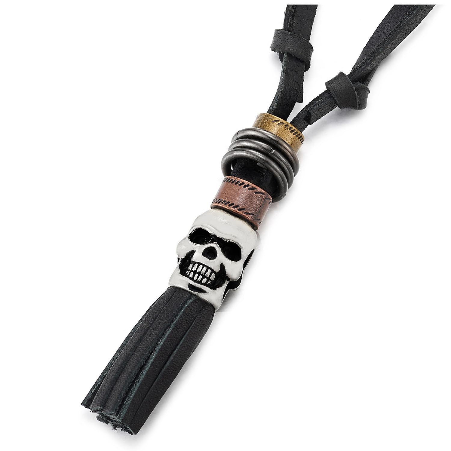 COOLSTEELANDBEYOND Cráneo Largo Cuero Borla Negro, Collar para Hombre Mujer, con Cordón de Cuero Ajustable