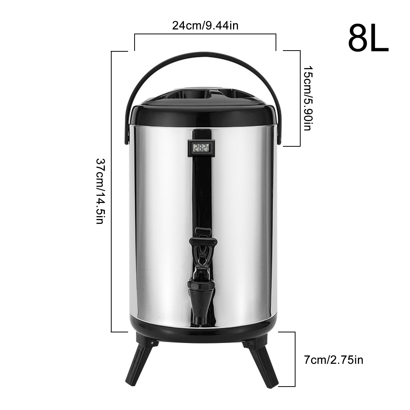 glylo Hot Water Dispenser - Stainless Steel Thermal Container With Spigot, 8L Tea Hot Carafe Beverage Storage With Temperature Meter For Catering, Events, Restaurants Catering, 1