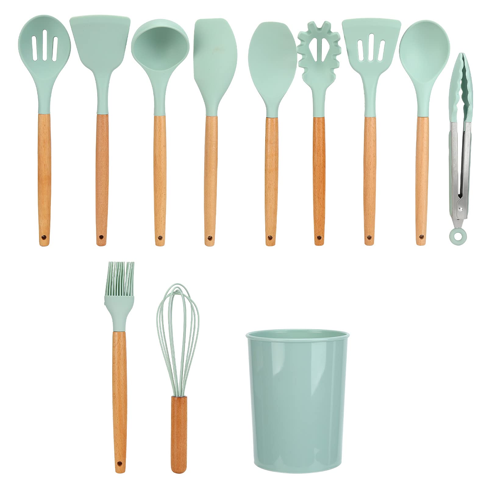 Set di Utensili da in Silicone da 12 Pezzi con Manici in Legno per Utensili da Nella di Casa (Verde chiaro)