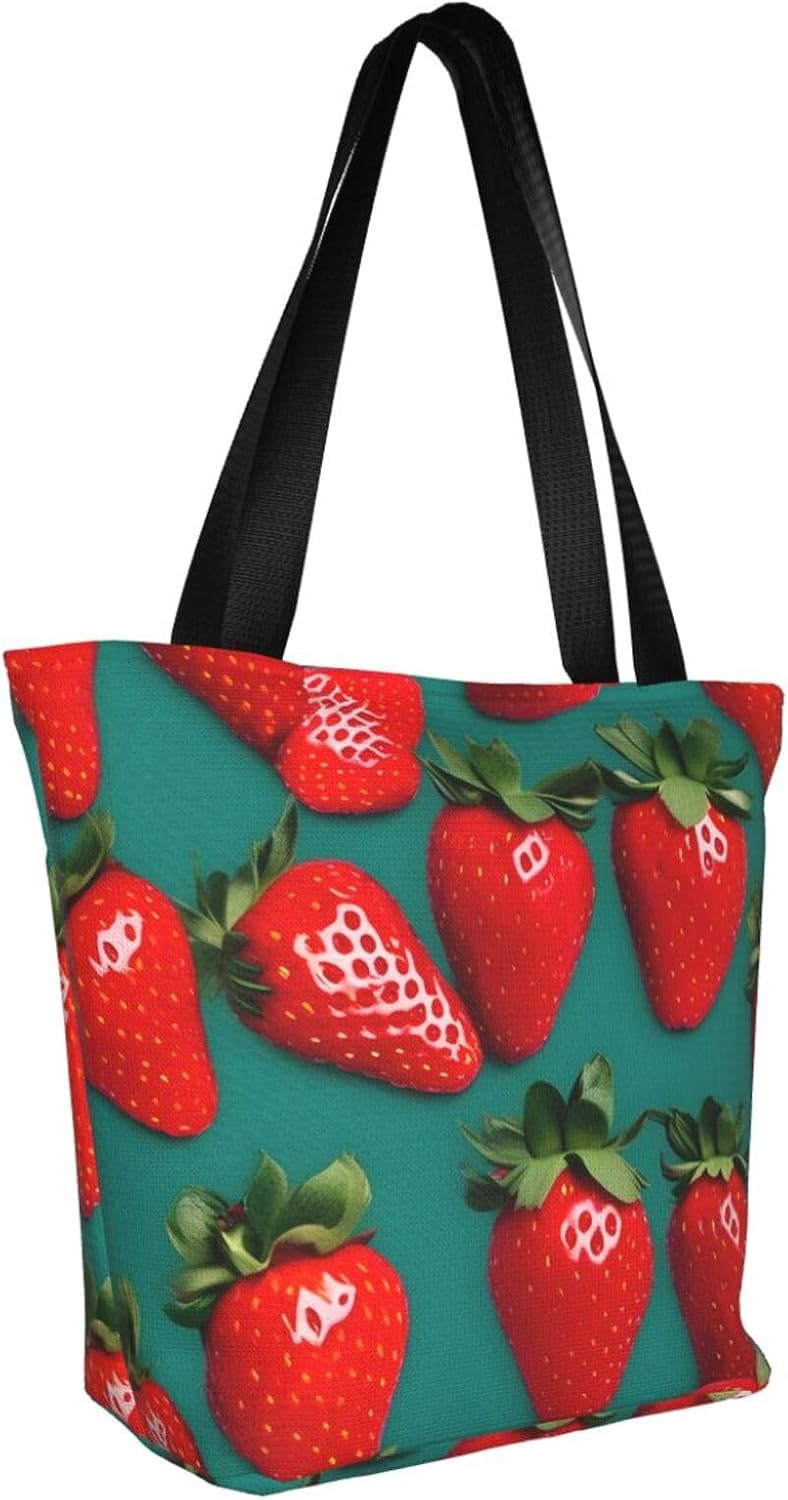 many Strawberry Print Comfortable Summer Shoulder Bag Canvas Tote Travel Beach Hiking Shopping Weekend
