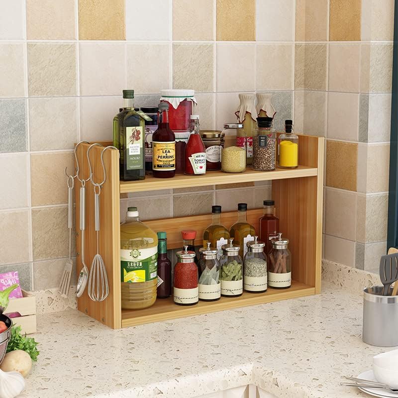 調味料ラック 2段 木製 耐熱 耐摩耗 キッチン収納 大容量 省スペース 北欧スタイル おしゃれ デスク上置棚 多機能 (ライトウォ