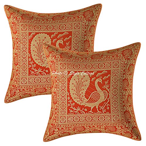 Image of Decorative Brocade Cushion Covers 16 Inch x 16 Inch Banarasi Jacquard Weave Red & Gold Living Room Peacock Festive Decor Square 40x40 cm Zippered Sofa Settee Pillowcases -Set of 2 Pcs