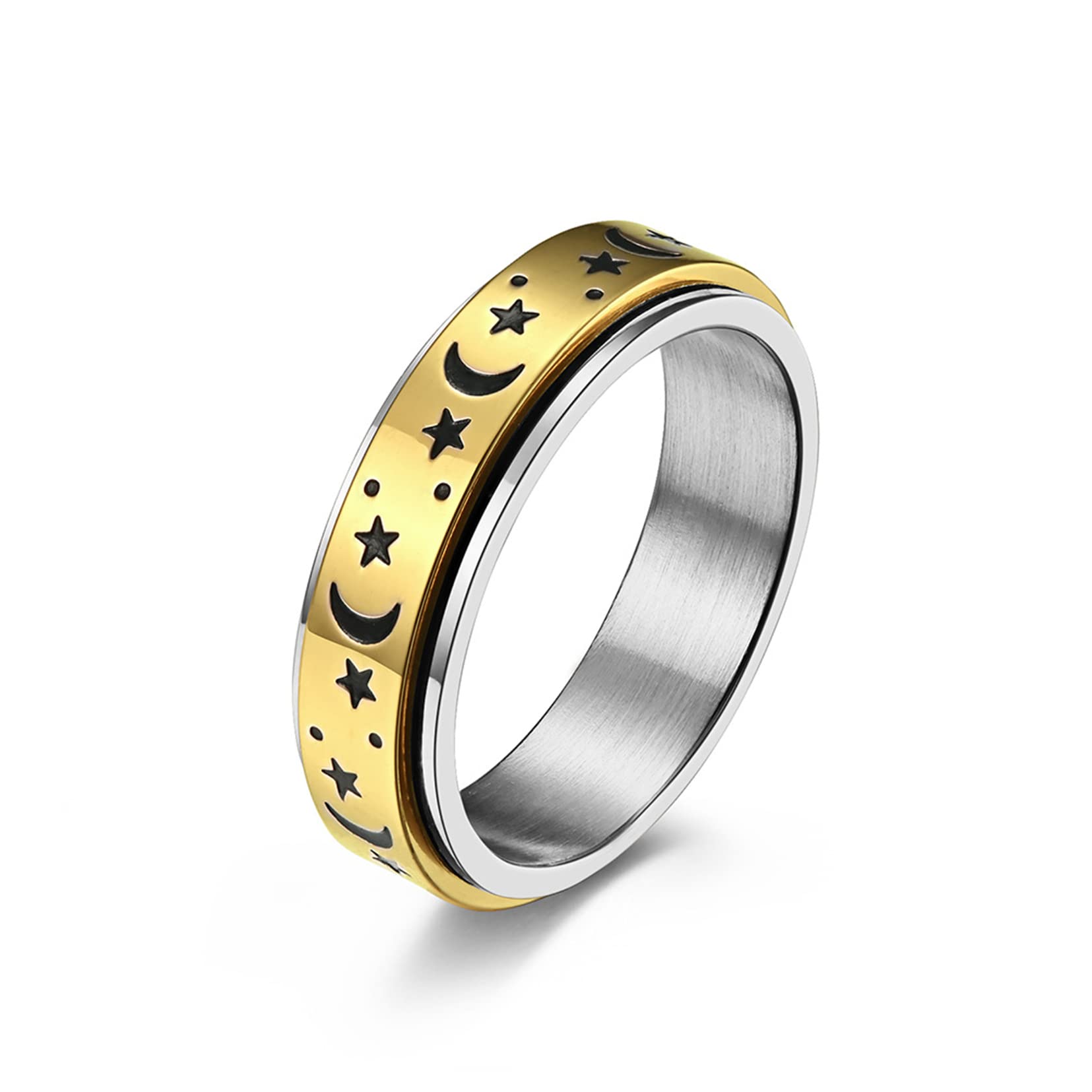 Bague de Fidget en Acier Inoxydable, Anneaux Rotatifs Lune et Étoile Bague de Fidget pour Femmes Hommes Bague de Spinner Anti-Stress Anneau de Mariage Taille 7-11 (Or, 8)