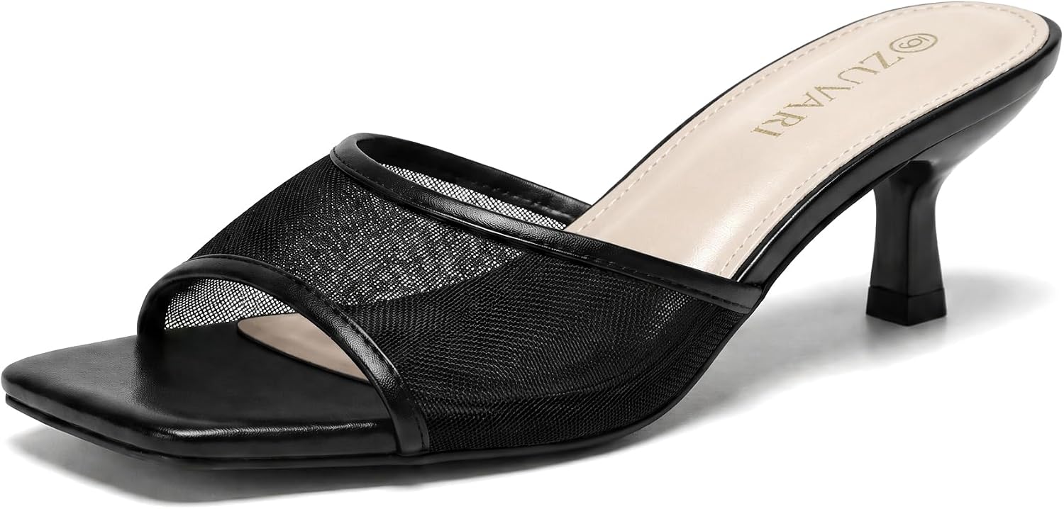 Women's Kitten Heels Sandals Square Open Toe Stiletto 2 Inch Low Heel Mules Dressy Slides Comfortable One Band Slip-On Short Heels Wedding Party Prom Daily