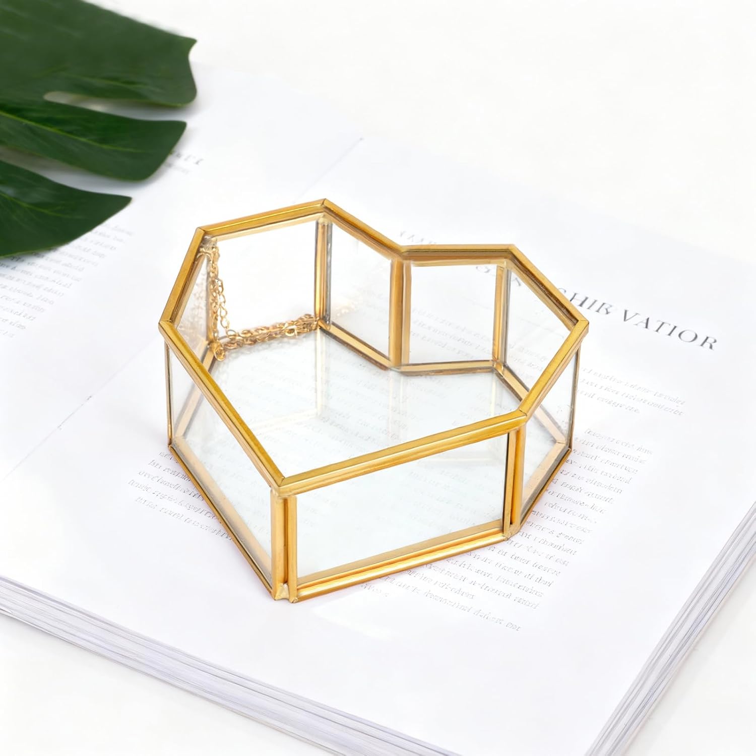 Vintage Glass Jewelry Box Heart-Shaped Gold Keepsake Box with Hinged Lid Trinket Ring Earring Jewelry Organizer Valentines Day Gifts for Women and Girls image 3