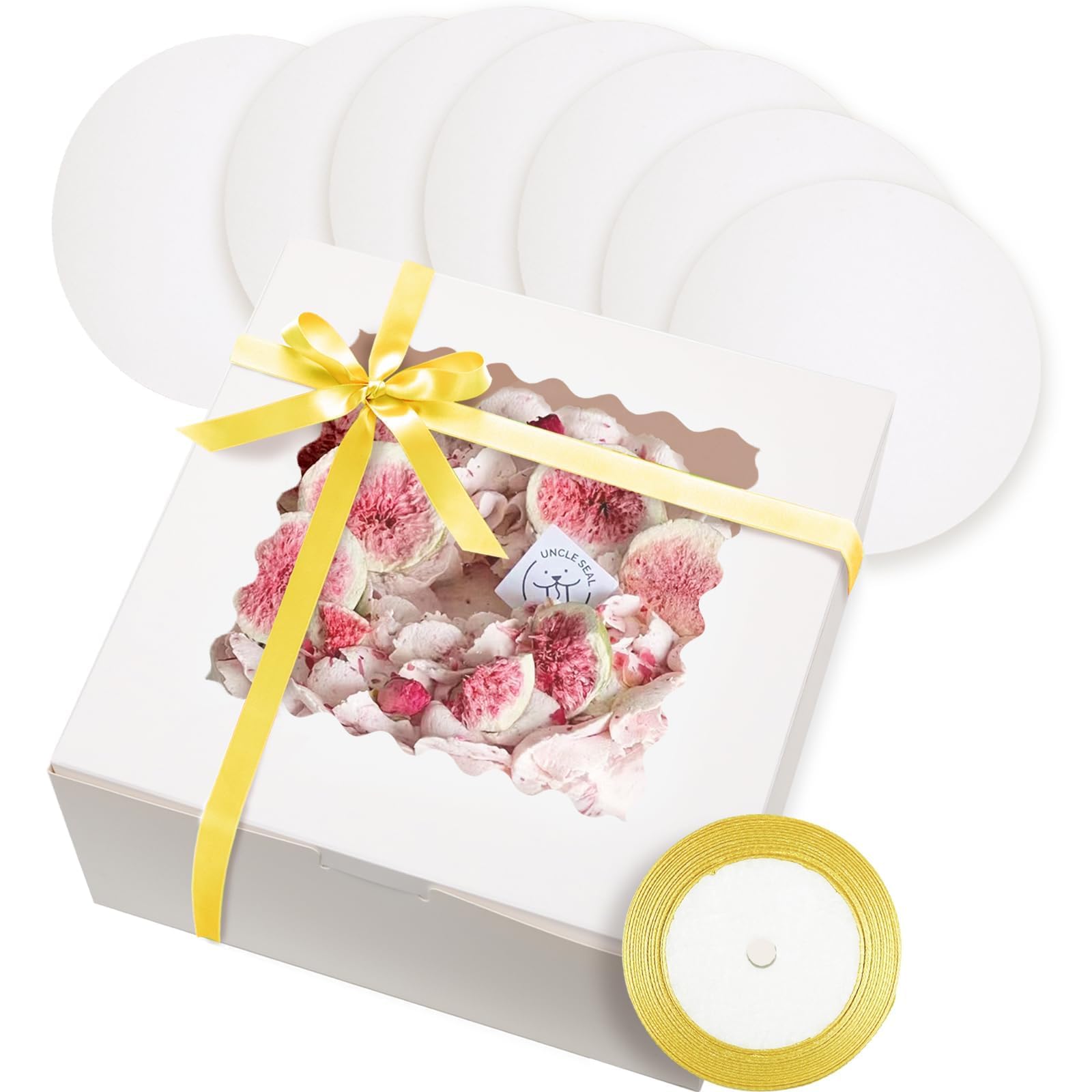 qiqee Caja para tartas de 10 x 10 x 5 pulgadas, 18 juegos de cajas blancas para tartas con ventana y 18 juegos de tablas redondas blancas de 10 pulgadas, recipientes para tartas de 10 pulgadas, cinta