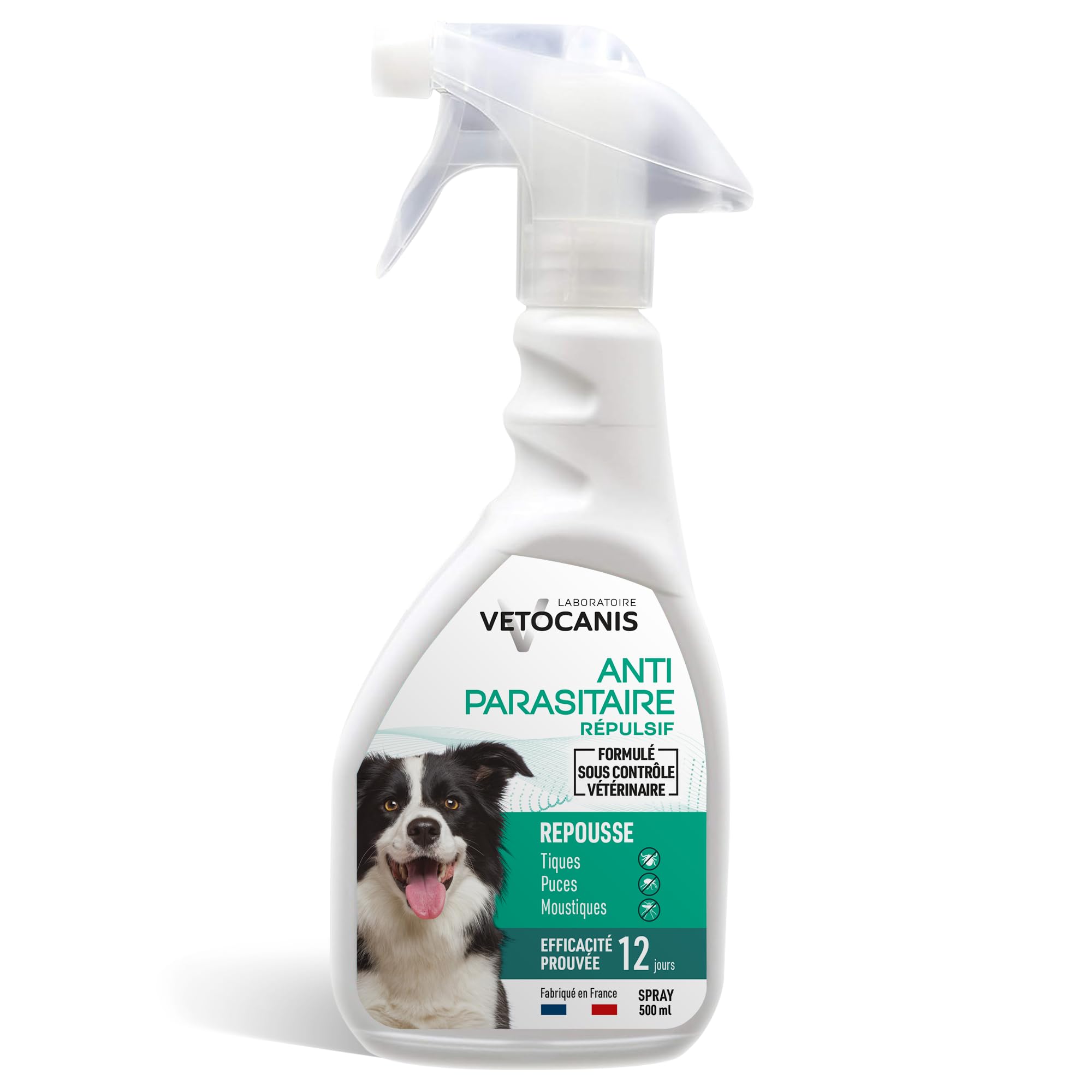 VETOCANIS, Spray Anti-puces et Anti-Tiques et Anti-Moustiques pour Chien, Spray Antiparasitaire 500ML, Répulsif Efficace 12 JOURS