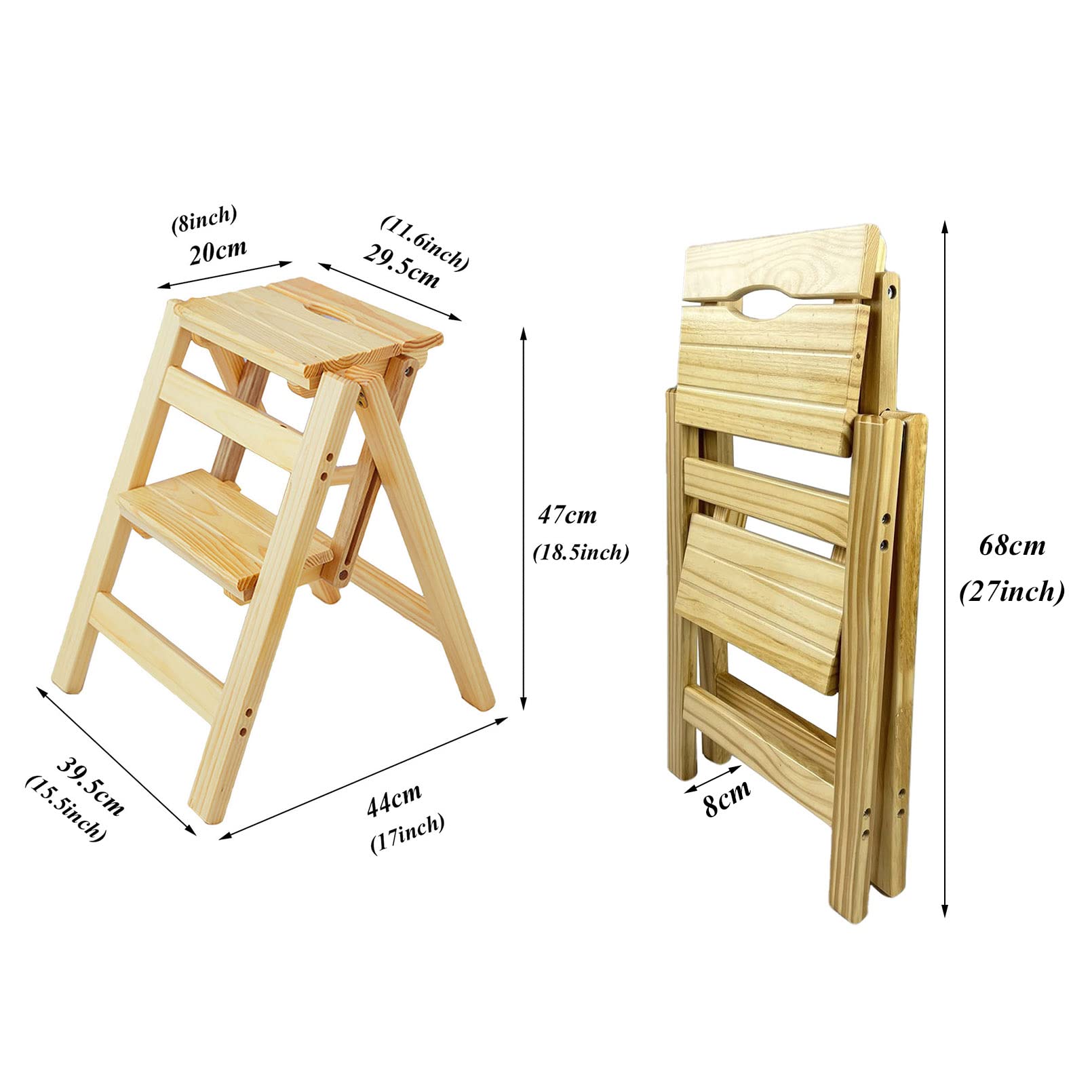 2-stufige Leiter, zusammenklappbarer Tritthocker aus Holz, rutschfest, stabil, kompakt, mit breitem Pedal, Aufbewahrungsregal, Pflanzentöpfe, für Zuhause, Küche, Garten, Büro, 330 lbs