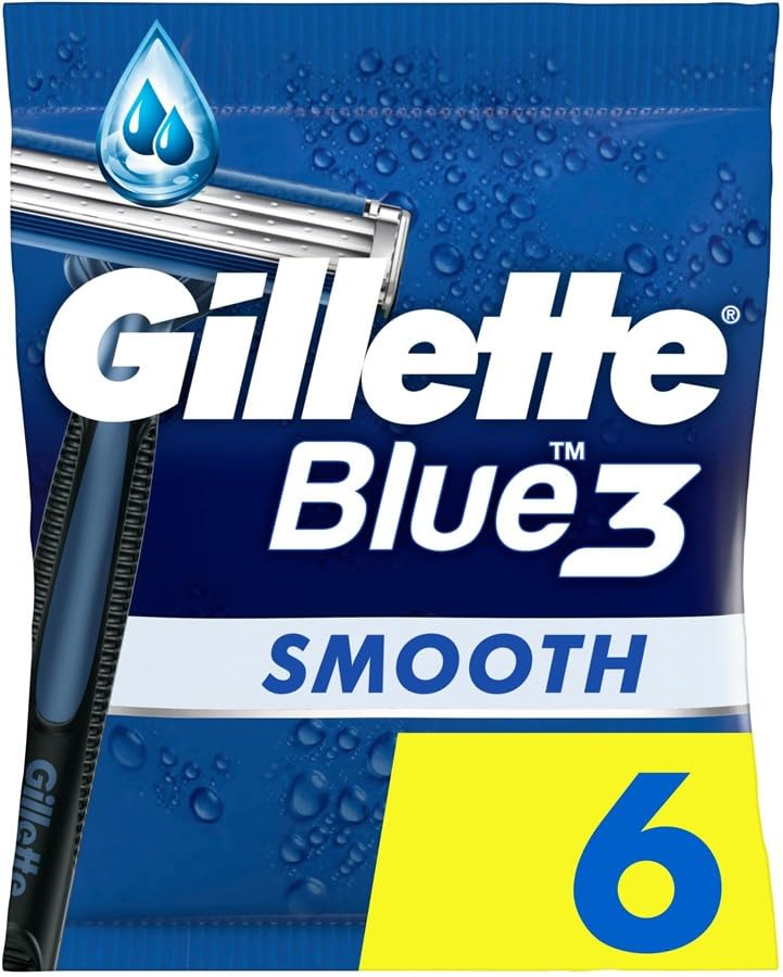 Gillette Blue3 Smooth - Maquinilla de afeitar desechable para hombre, 6 maquinillas de afeitar con 3 cuchillas, cabezal giratorio giratorio de 40°, tiras deslizantes con tecnología ComfortGel
