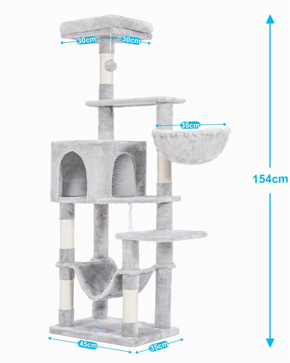 Hey-brother Tiragraffi per Gatti,Albero per Gatti Alto 154 cm,Torre per gatti stabile e a più livelli, Dotato di una Caverna per Gatti, Cesto, amaca e Piattaforma superiore, grigio chiaro 0EMPJ050W