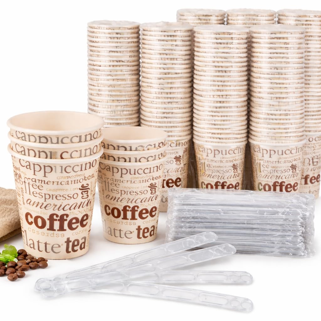 Pack 500 Vasos Café Desechables y Paletinas Café Reutilizables 240 ml | APTO para bebidas calientes y frías | Ideales para oficina y eventos | Uso Profesional y Doméstico |