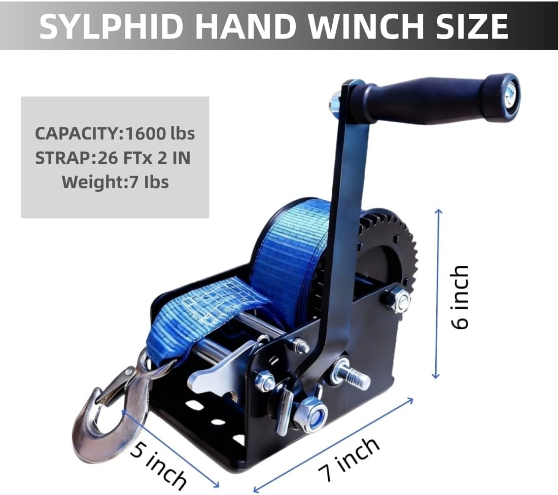 SYLPHID 1600lbs Heavy Duty Boat Trailer Winch with 26FT Strap, Portable Hand Crank Winch for Boat, Truck, Trailer, RV, ATV, Jet Ski (1600Lbs with 26FT Strap)