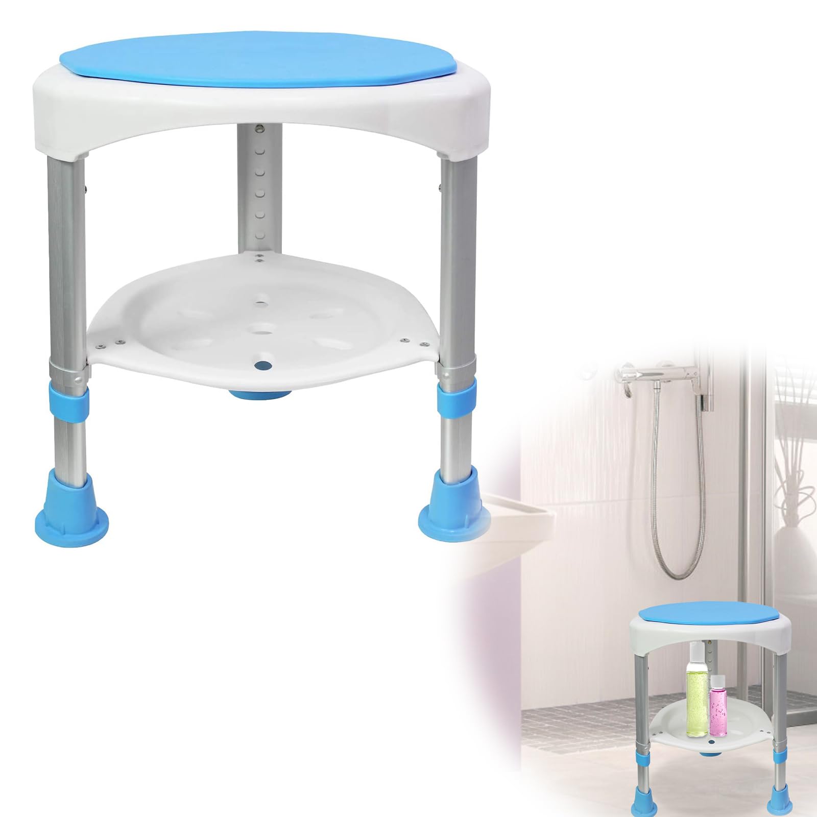 Taburete de ducha giratorio 360°, altura regulable, antideslizante, asiento de ducha, asiento de baño, taburete de aluminio y plástico (tipo B)