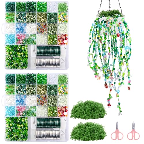 codree 2 Set/10840 Beaded Plant Kit with Artificial Moss Green Beads for Beaded Plants Making Forever Plant Leaf Flower Green Glass Beads for Jewelry Making DIY Crafts Succulent Plants Lover
