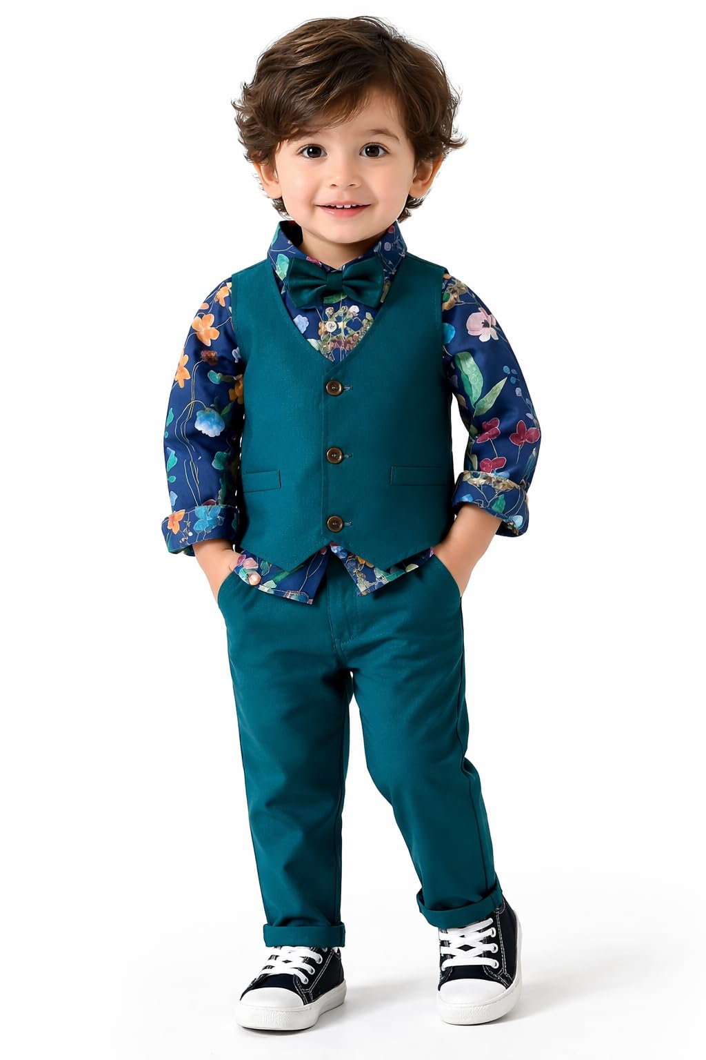 Boys 3 Piece Suit Set – Floral Print Shirt, Waistcoat, Bow Tie & Pants | Kids Formal Dress for Wedding, Birthday & Festive | Stylish Boys Clothing Set (Teal Green)-picture-36