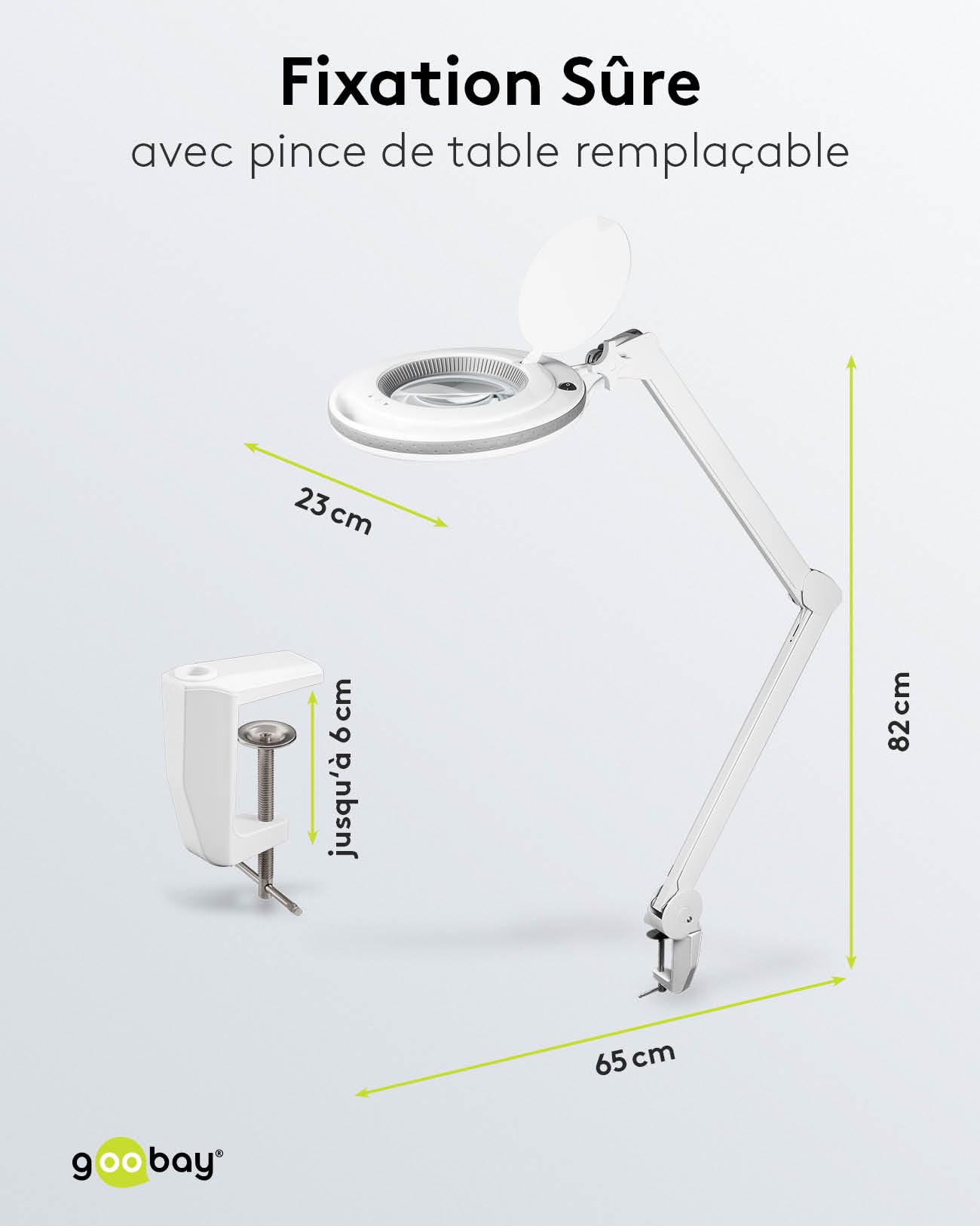goobay 60362 Lampe loupe LED avec pince/Puissance absorbée 9 W/Lentille en verre cristal 127 mm/Température de couleur 6400 K/Grossissement 1.75x / Flux lumineux 83-730 lumens/Blanc