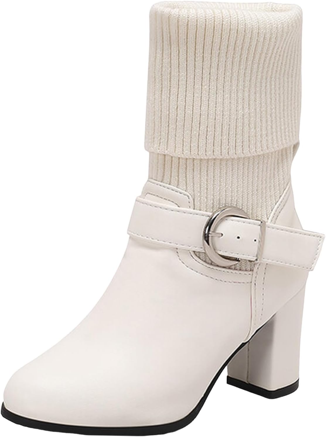 Suede Leather Ankle Boots For Women，Foldable Knit Shoe 𝐂ollar，Chunky Heel Belt Wear Ankle Boots For Women Wide Width 𝐖Aterproof，Thin Soled High-Heeled Women Ankle Boots，Ankle Boots For (White, 6.5)