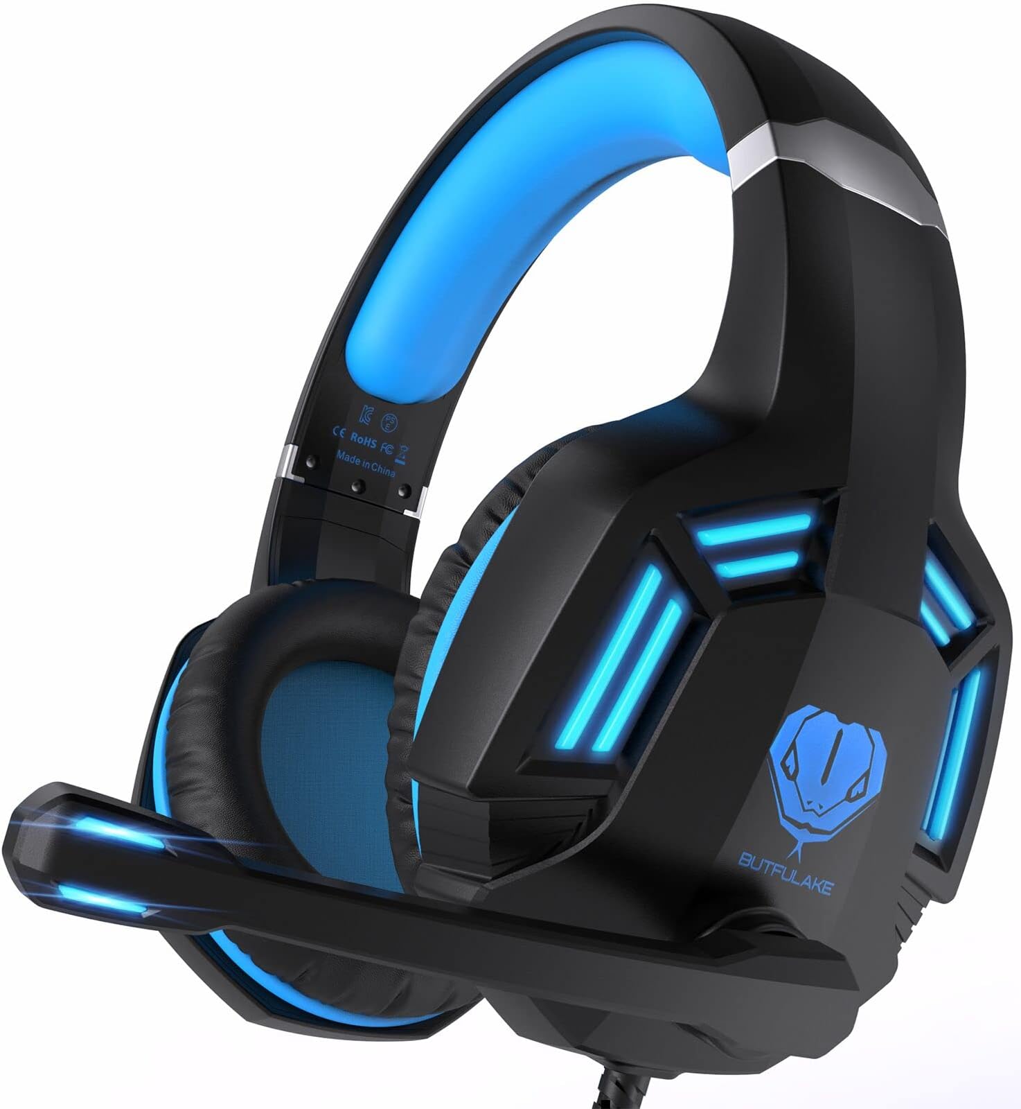 Gaming Headset for PS4, PC, Xbox One, PS5, for Nintendo Switch, Wired Over Ear Headphones with Stereo Surround Sound, Noise-Cancelling Microphone, LED Lights for Kids Adults, Black Blue