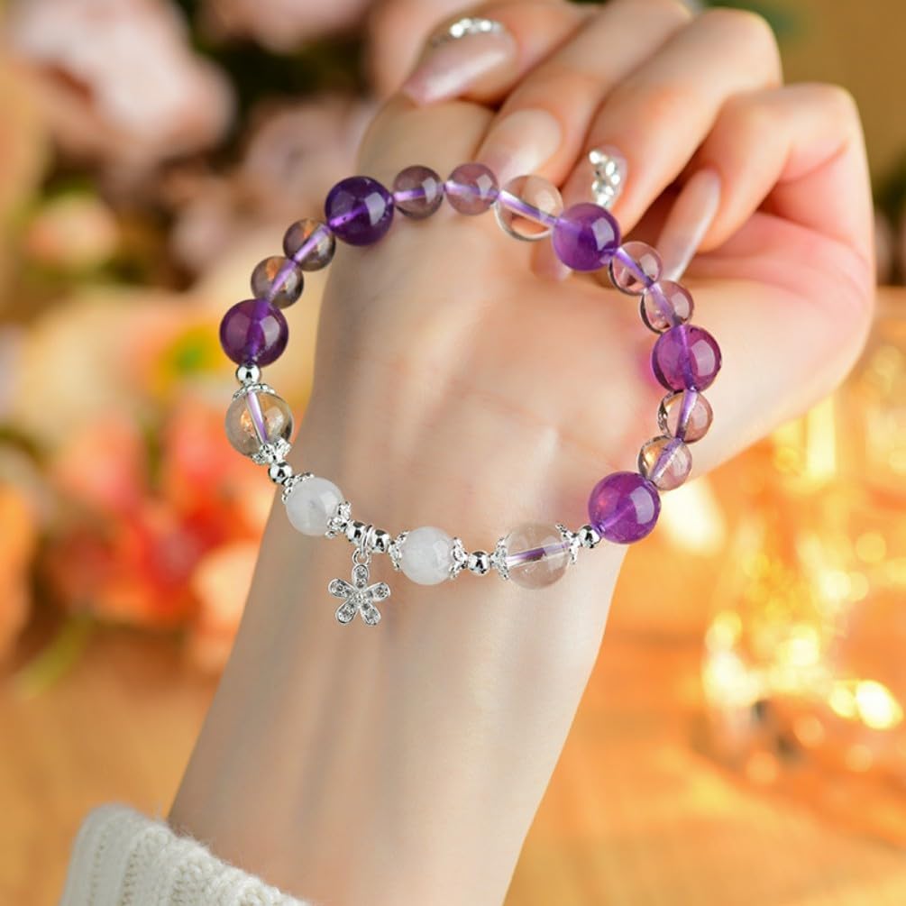 DorkTees (C597紫水晶银色花瓣手链) 天然梦幻紫水晶银色花瓣 Fengshui Jade Bracelet Lucky Charm 手链清新时尚设计手串送女友闺蜜礼物