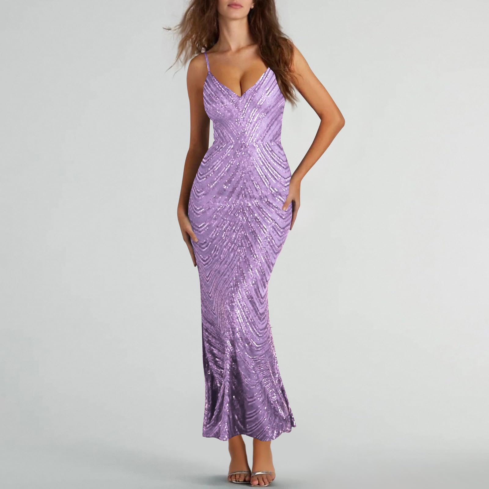 HAOLEI Vestito per Capodanno Donna Eleganti Manica Lunga Elegante e Scintillante Abiti da Festa Cerimonia Vestiti con Paillettes Scollo a V Abito da Natale Midi Abito Abbigliamento Abiti per Partito