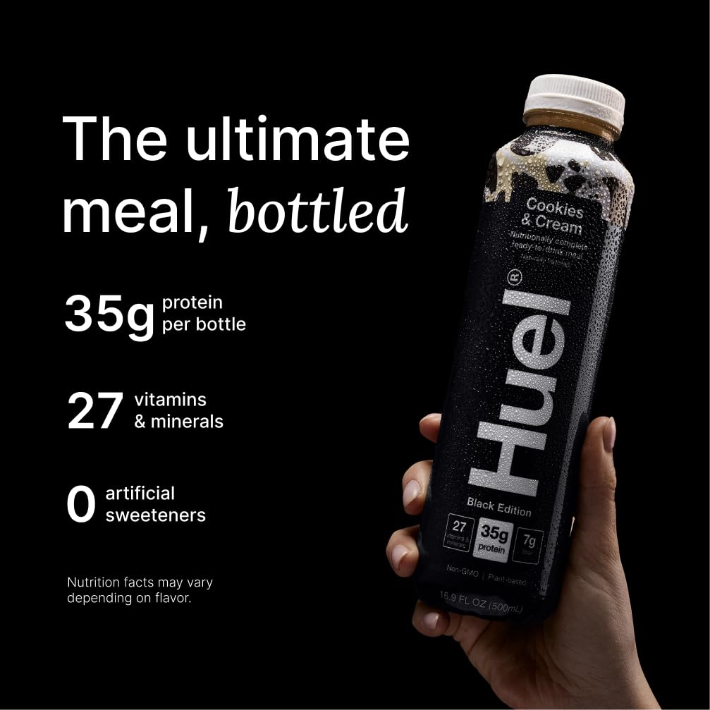 Huel Black Edition Ready-to-Drink | Cookies and Cream Meal Replacement Shake | 35g High Protein Drink | 27 Vitamins & Minerals, Vegan, Gluten Free | Plant Based | High Fiber, Low Sugar | 16.9 Fl Oz, 12 Pack