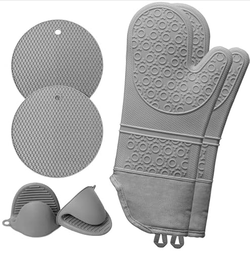 Extra Long Heat-Resistant Silicone Oven Mitts, Trivets & Pinch Mitts Set - Non-Slip Grip, Kitchen Gloves With Waterproof Coating - Perfect For Baking, Cooking, Grilling (Gray, Pack Of 6) #TOP11