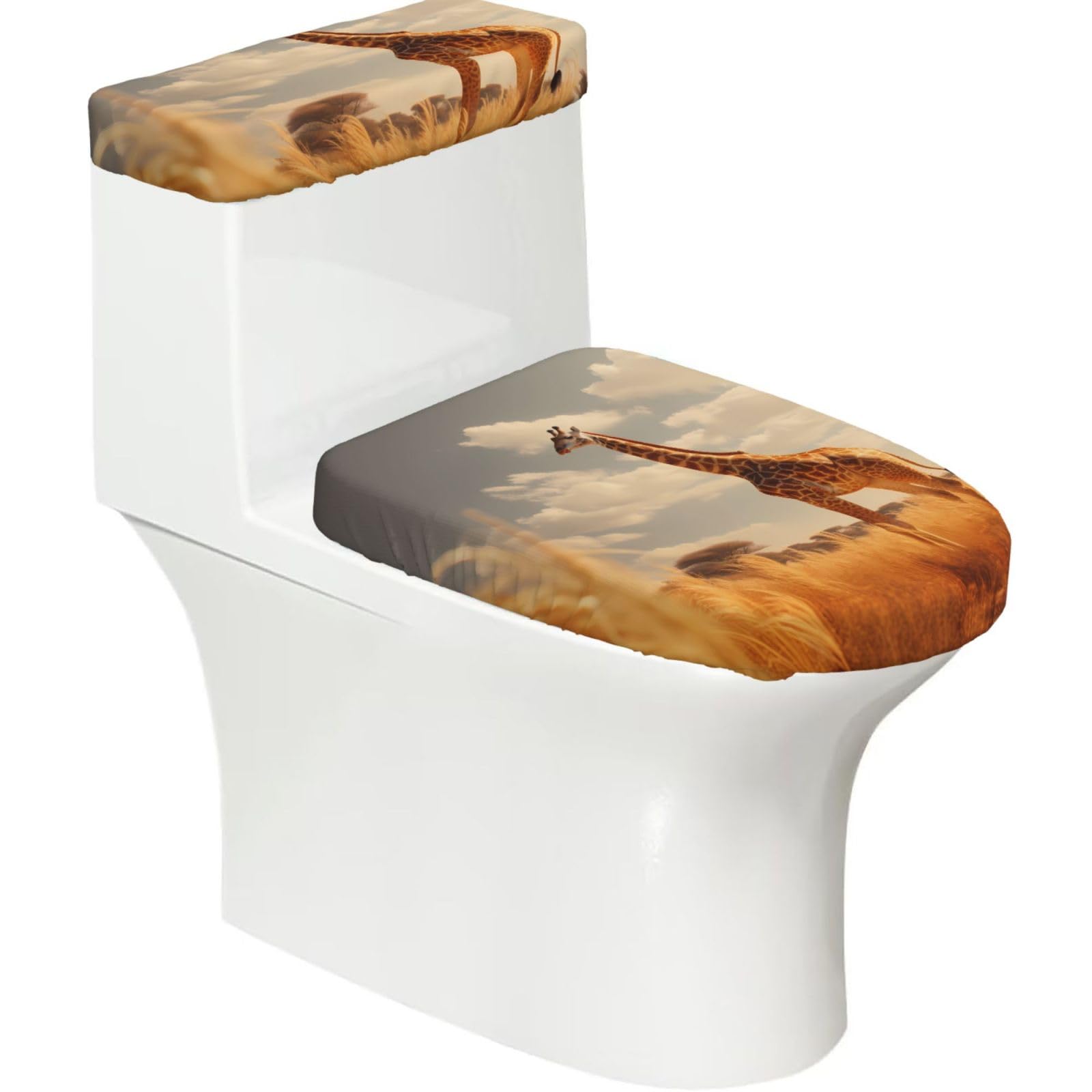 Giraffes 2-Piece Toilet Seat Cover Set with Tank Lid - Elastic for U-Shape & Elongated - Bathroom Decor
