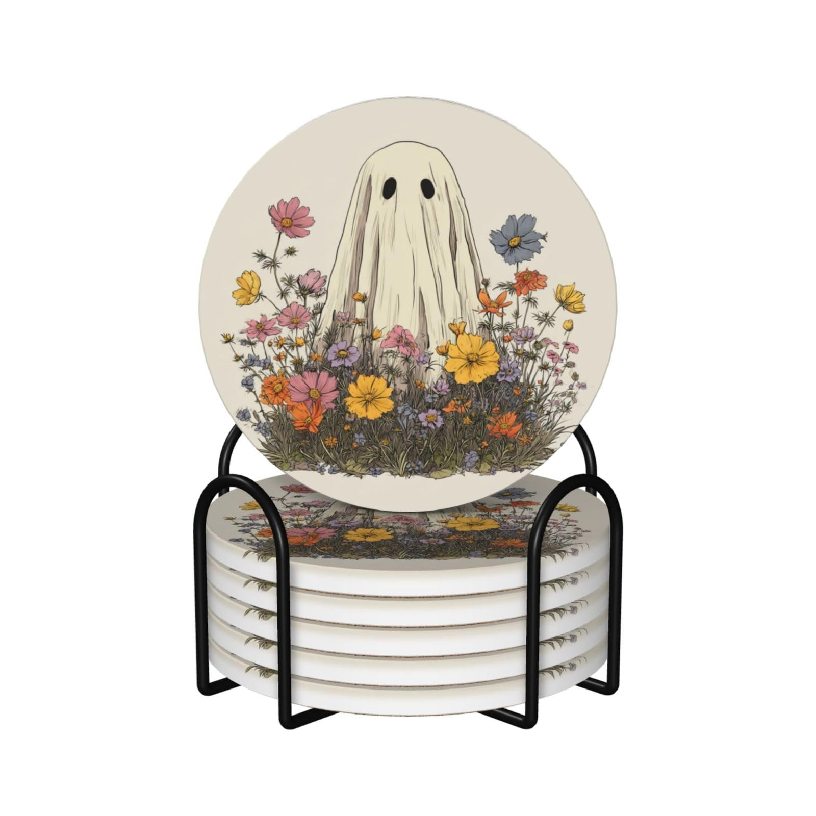 Cute Ghost Wildflowers Vintage Ceramic Coasters with Holder 6ps