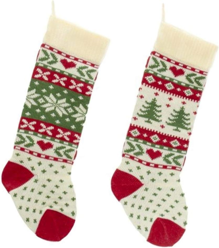 Kurt Adler Red, Ivory And Green Christmas Tree And Snowflake Knit Stockings