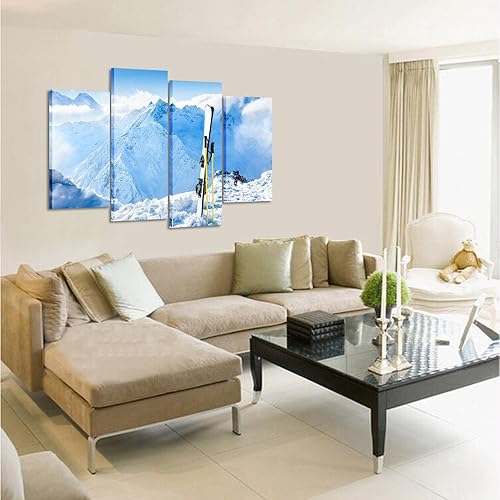 Miniatura 4 de KREATIVE ARTS - Impresiones en lienzo de 4 piezas, arte de pared, montañas de invierno y equipo de esquí en la nieve, paisaje, imágenes modernas