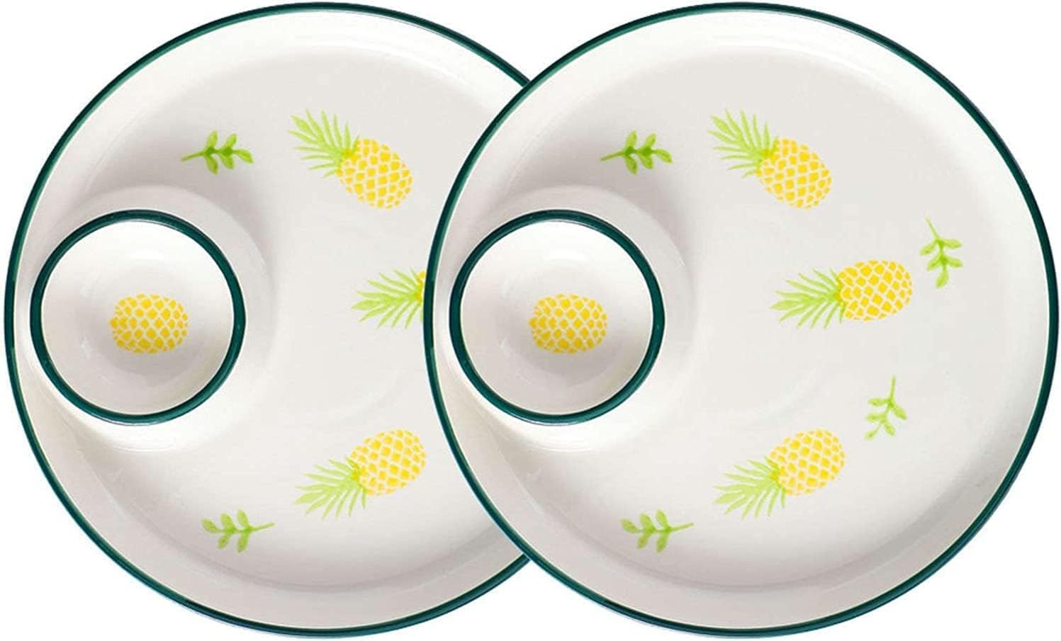 Dumpling plate with sauce dish,Fries Dish,2Pack Ceramic Chip N Dip Serving Dish, Round Snacks Appetizers Serving Tray Divided Platter Set, Sushi Plate with Sauce Compartment-Sun (Color : Avocado) (C