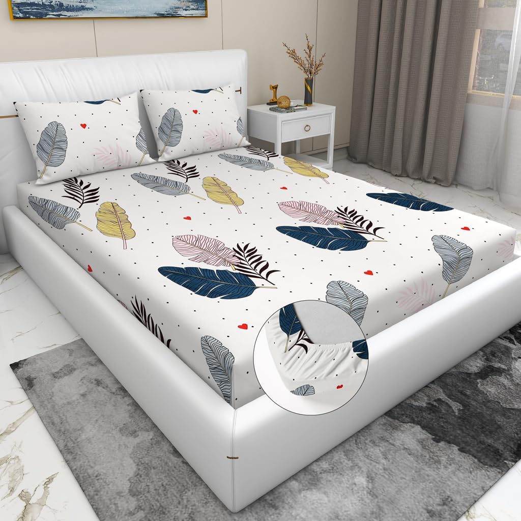 RD TREND Presents Luxurious Glace Cotton Super Soft 210 TC 360° Elastic Fitted Leafs Bedsheet Queen Size (78X60X8 Inch) with 2 Pillow Covers, Color-Cream Multi Pankh