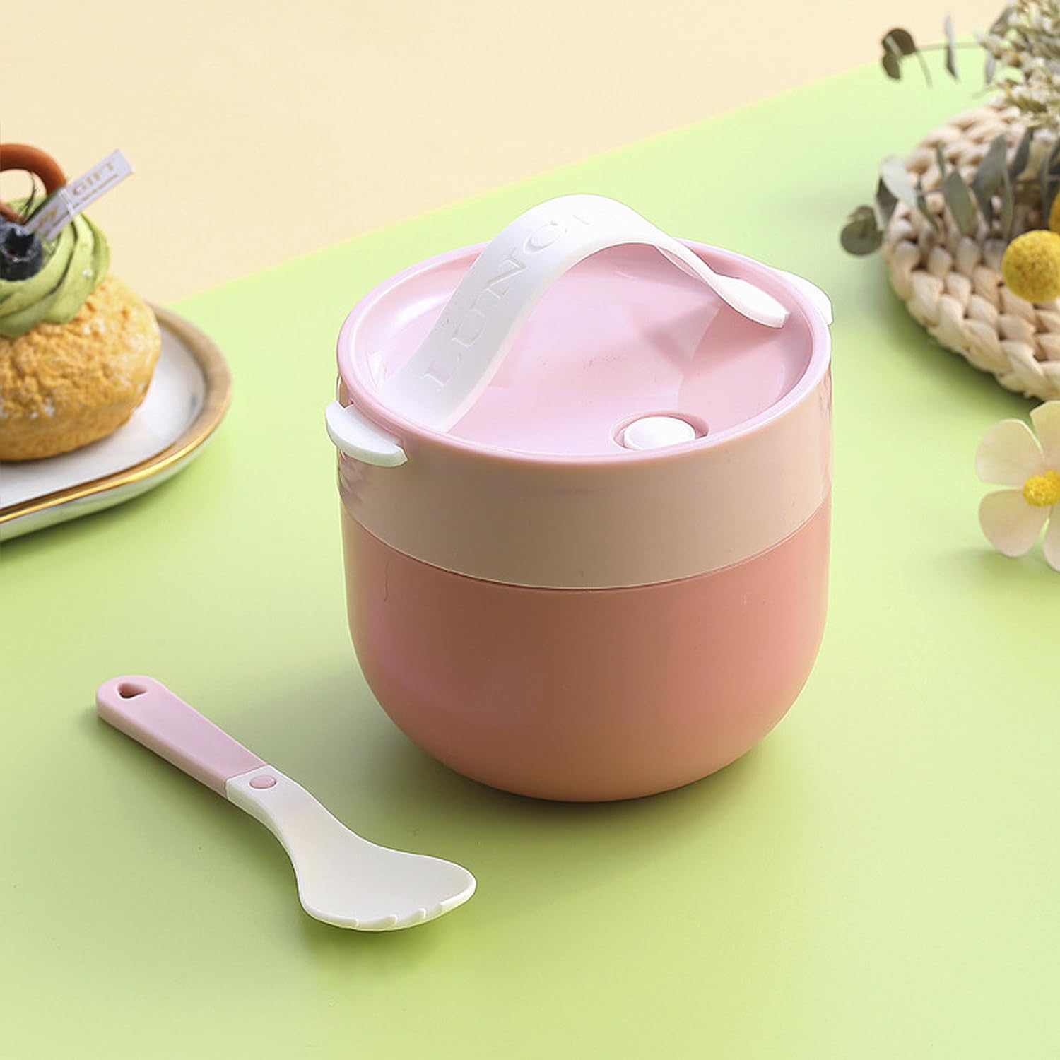 DAM Fiambrera hermética apilable para Guardar Alimentos, de 1100ml, Incluye tazón con Tapa y Cubiertos. 21x13x7,5 Cm. Color: Rosa Claro