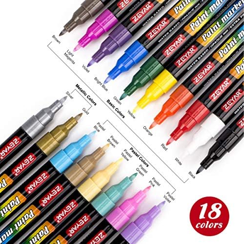 ZEYAR Premium Acrylic Paint Pen, Water Based, Extra Fine Point Tip,18 Colors, Opaque Ink, Odorless, Acid Free and Safe to use, Environmental Friendly.