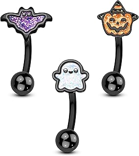 Piercing de Halloween para cejas, murciélago, calabaza, fantasma, tragus, joyería de 8 mm, color negro y plateado