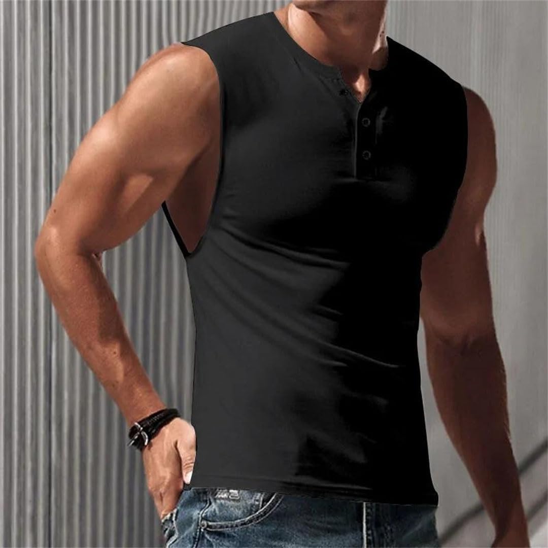 Men Tank Tops V Neck Button Sleeveless Loose Fit Gym Running Fitness Vest
