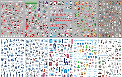10 Sheets Christmas Nail Art Stickers Decals Self-Adhesive Pegatinas Uñas Holiday Kids Cute Bule White Pine Tree Moose Nail Supplies Nail Art Design Decoration Accessories #TOP6